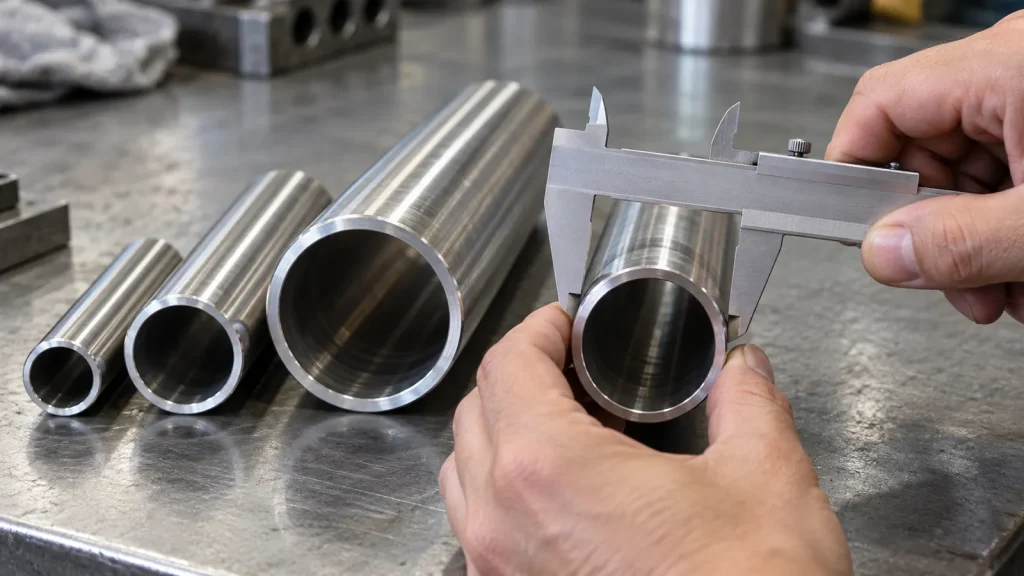 Pengukuran diameter luar pipa stainless steel bulat berbagai ukuran menggunakan jangka sorong.