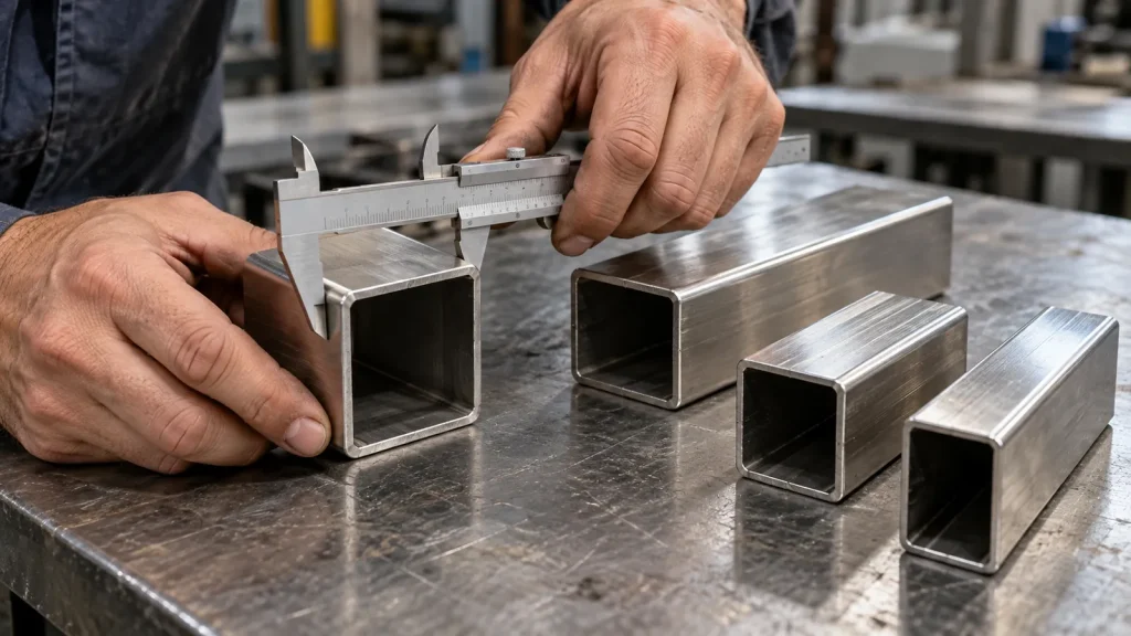 Pengukuran hollow stainless kotak dengan jangka sorong di samping beberapa pipa hollow kotak dan persegi panjang.